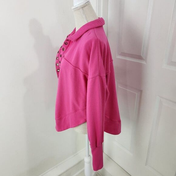 Pilcor Sweatshirt Womens M Pink Collared V Neck Grommet Eyelets Terry Pullover - Picture 4 of 13